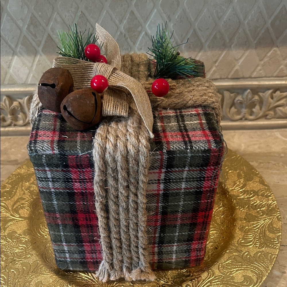 NWT Holiday Plaid Decorative Gift Box with Jute Bow and Bells